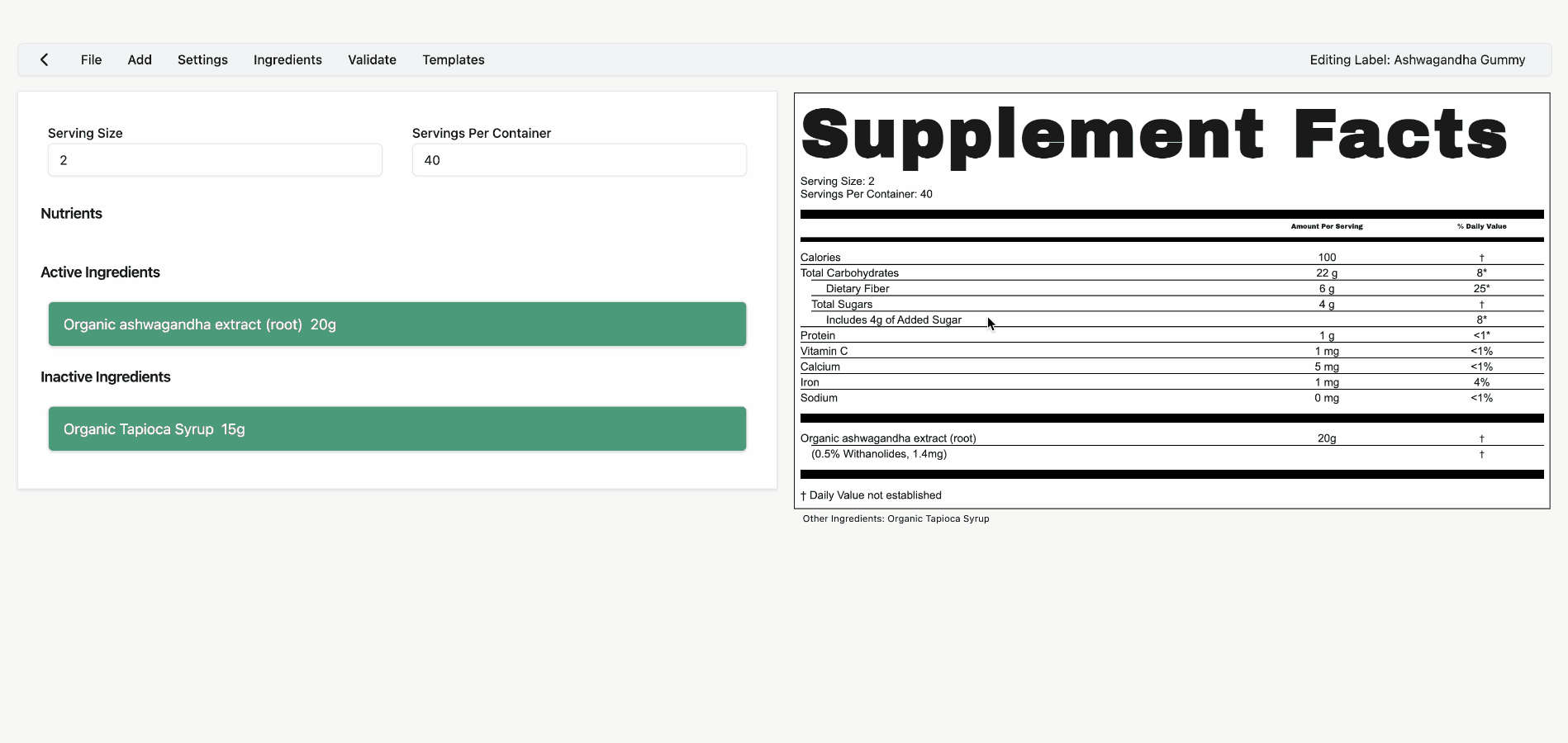 Labelwise label editor showing a Supplement Facts panel